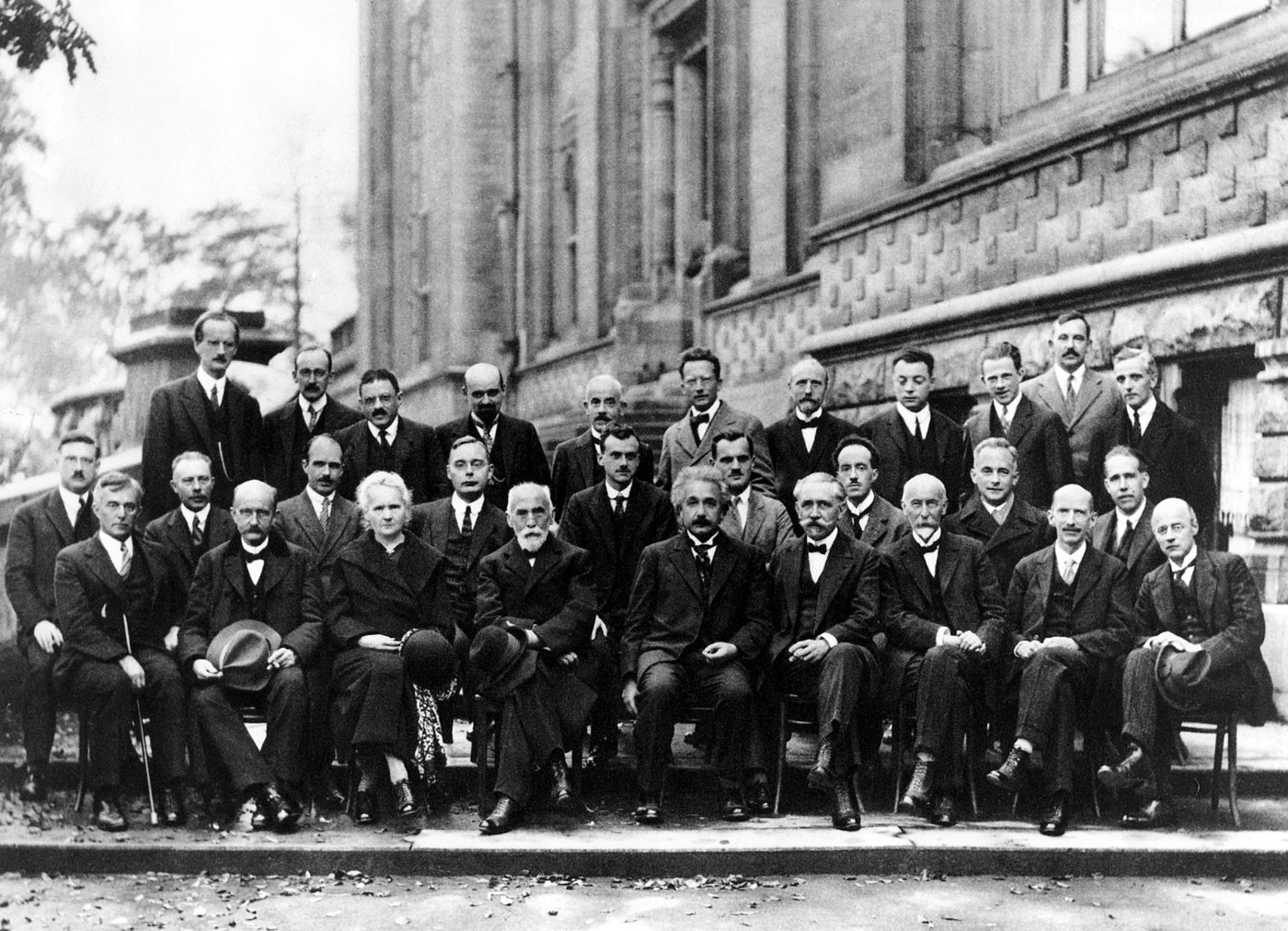 The Solvay conference in 1927, with many famous physicists including Albert Einstein, Marie Curie, Max Planck, and Niels Bohr.