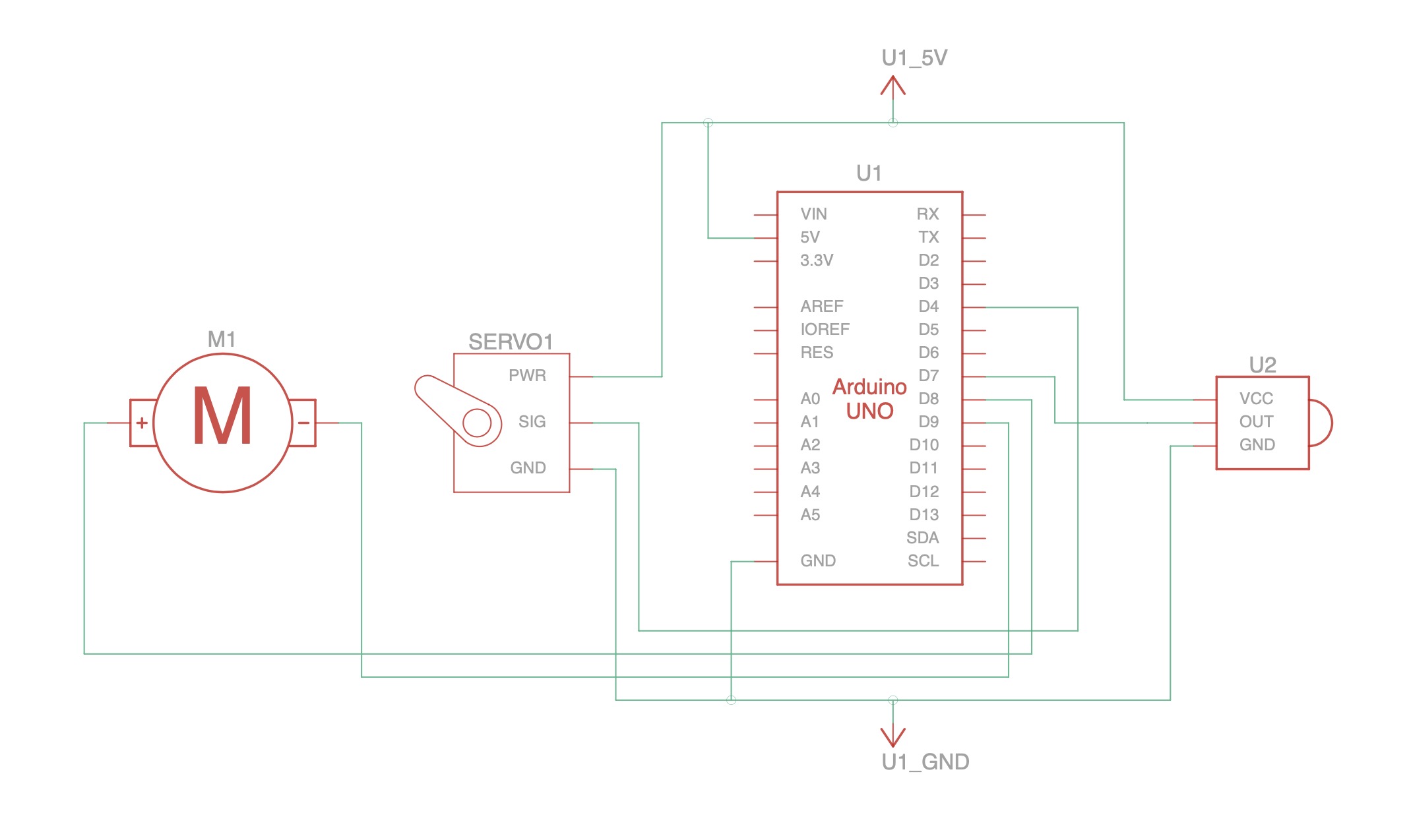 The Arduino connects to a servo motor, a DC motor, and an infrared receiver module.