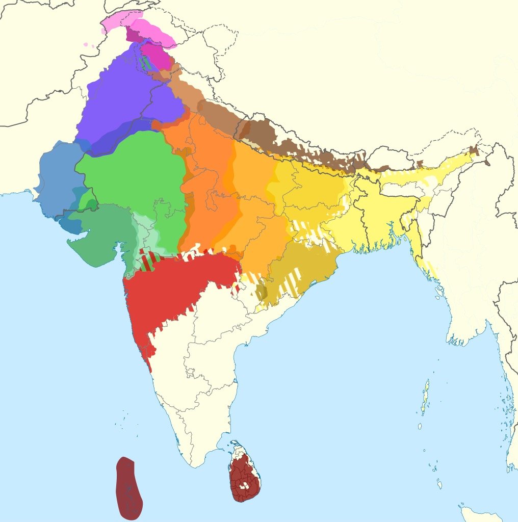 Un mapa de las lenguas indoarias en el sur de Asia, que cubren la mitad norte del subcontinente, la mayor parte de Sri Lanka y zonas adyacentes.