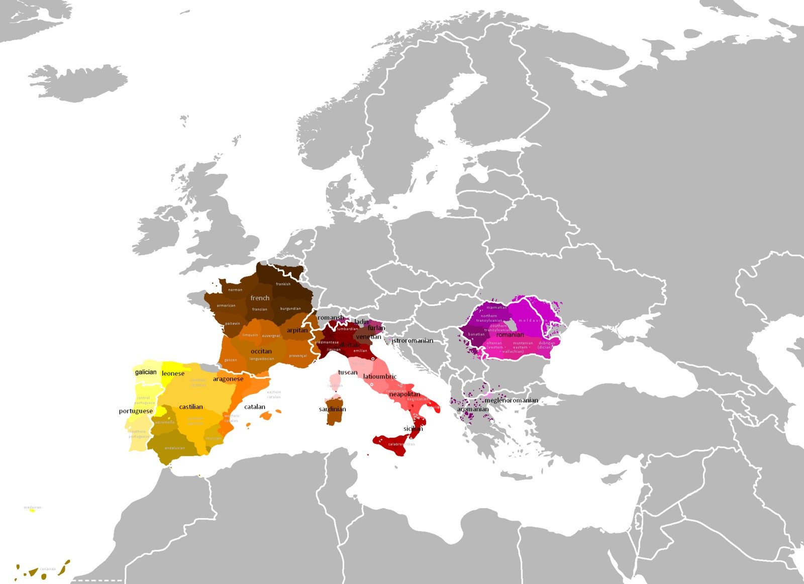 Un mapa de las lenguas romances en Europa, que cubren la mayor parte de Europa occidental y Rumania en Europa oriental.